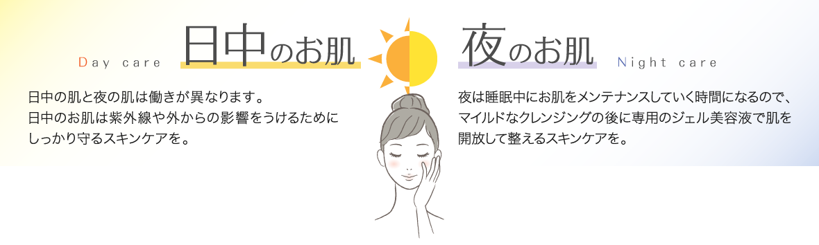 日中のお肌:日中の肌と夜の肌は働きが異なります。日中のお肌は紫外線や外からの影響をうけるためにしっかり守るスキンケアを。 夜のお肌:夜は睡眠中にお肌をメンテナンスしていく時間になるので、マイルドなクレンジングの後に専用のジェル美容液で肌を開放して整えるスキンケアを。